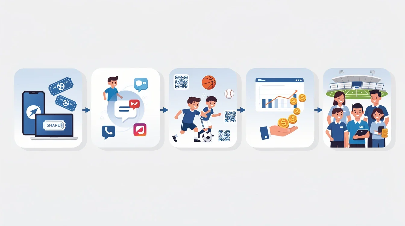 A step-by-step visual process guide demonstrating how affiliate marketing for youth sports events works