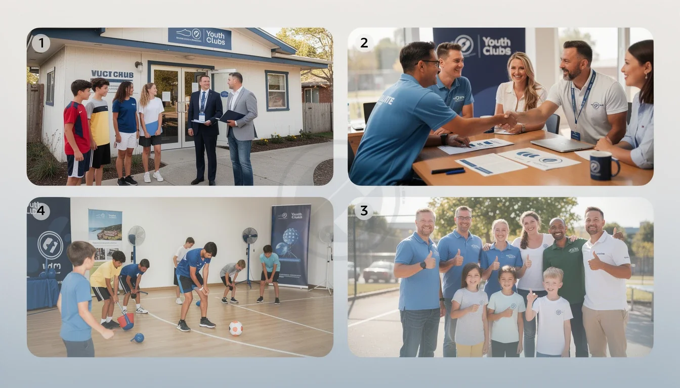 A step-by-step visual process guide demonstrating how affiliate partnerships for local youth clubs works