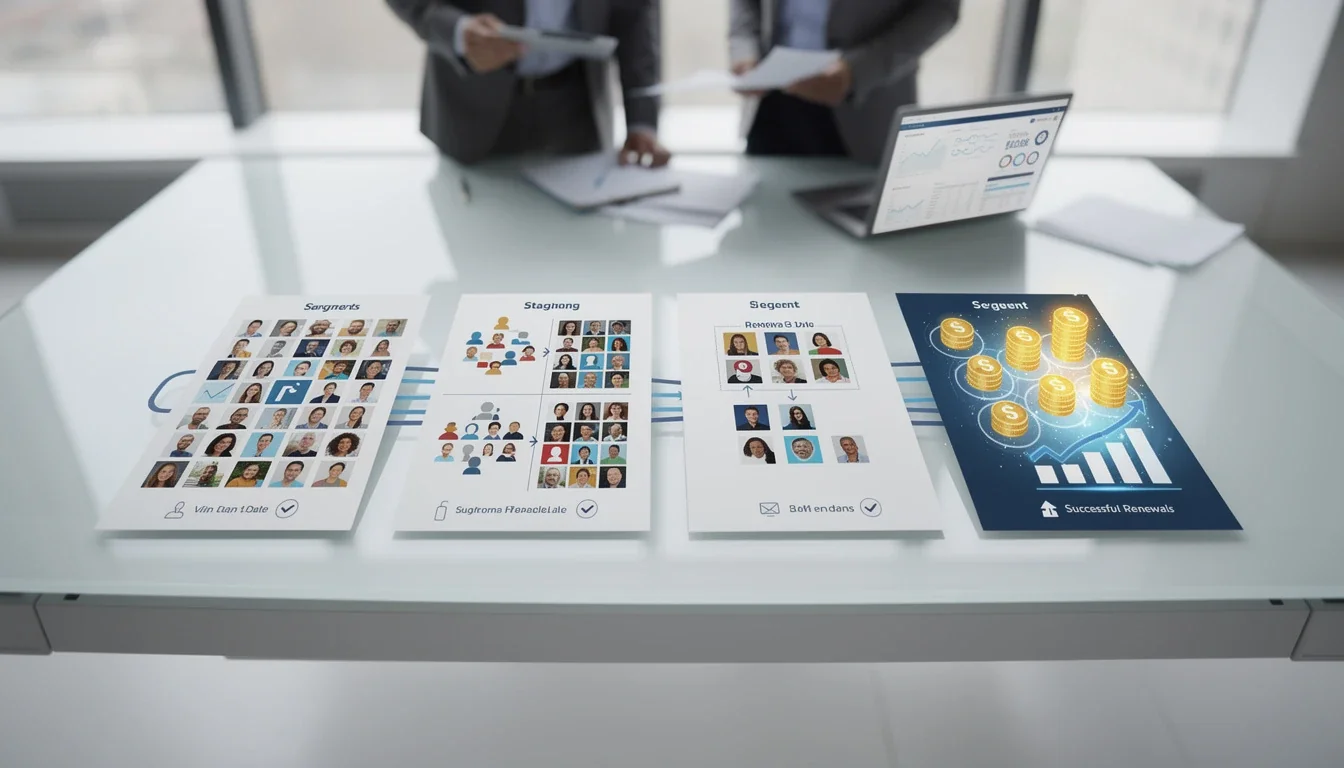 A step-by-step visual process guide demonstrating how affiliate program segmentation for subscription renewals works