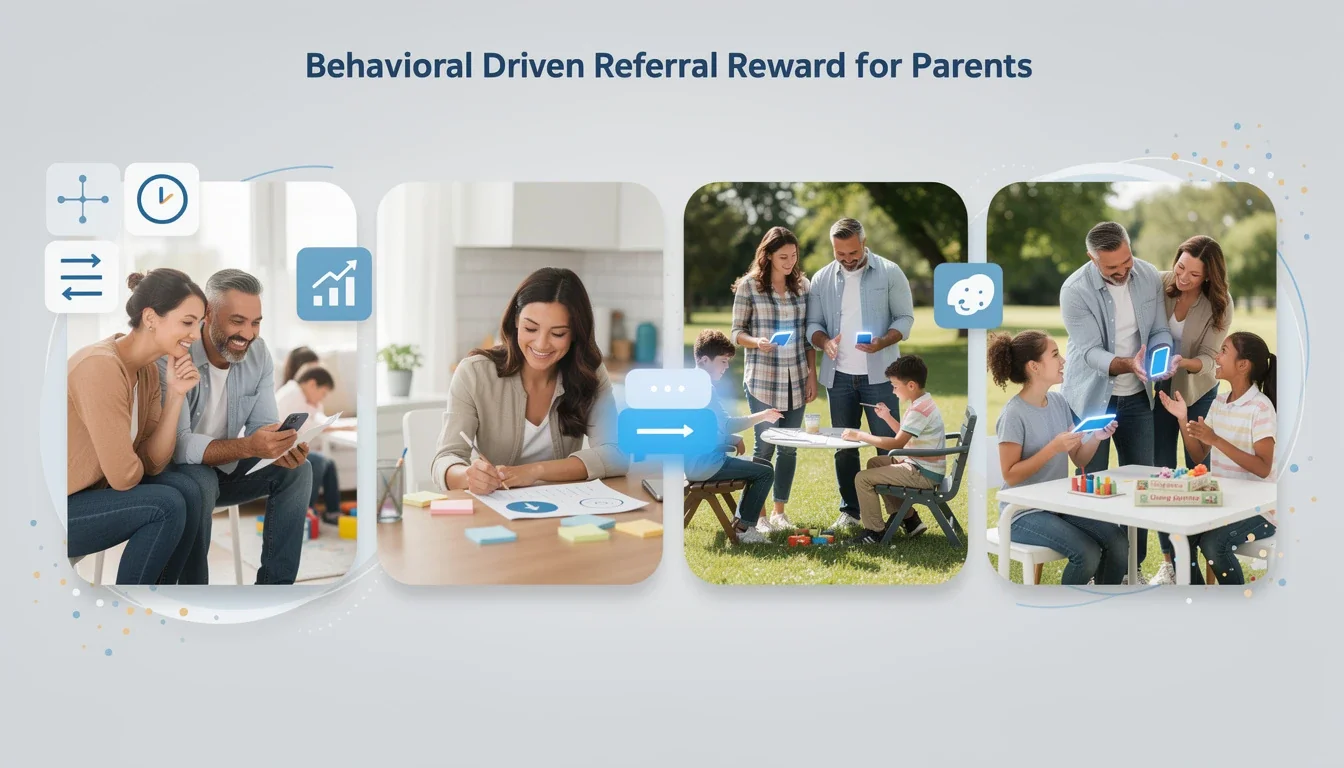 A step-by-step visual process guide demonstrating how behavioral-driven referral reward design for parents works