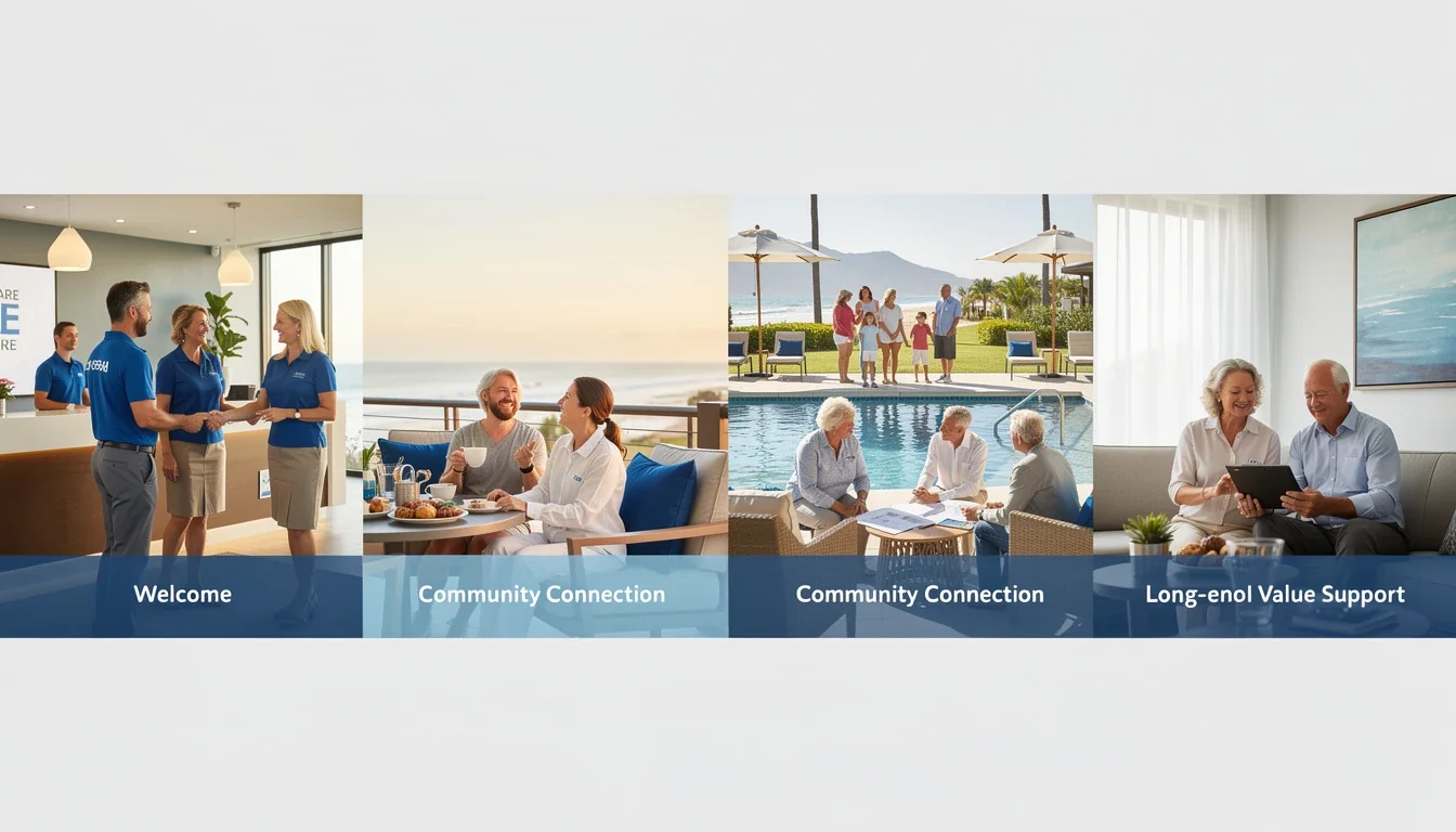 A step-by-step visual process guide demonstrating how benefits of timeshare community involvement works