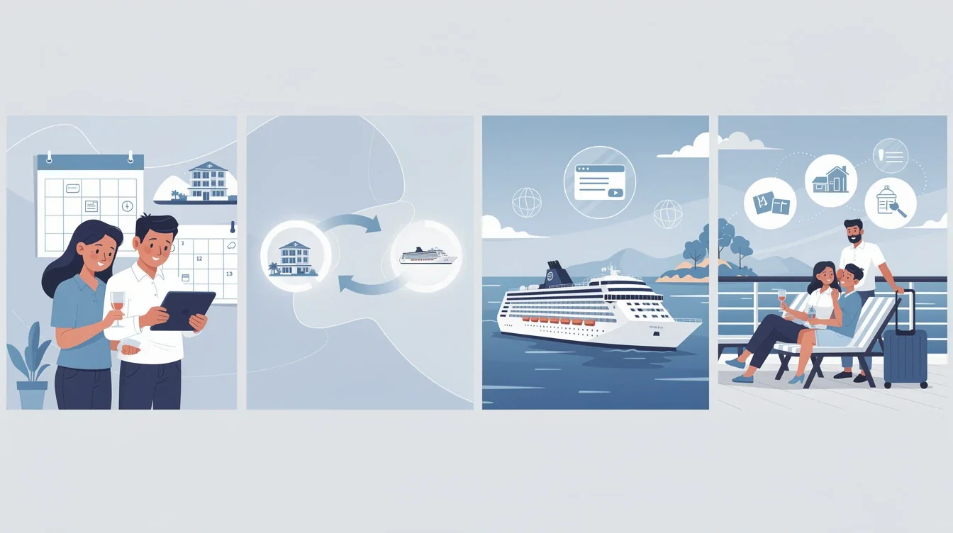 A step-by-step visual process guide demonstrating how combining timeshare weeks with cruise vacations works