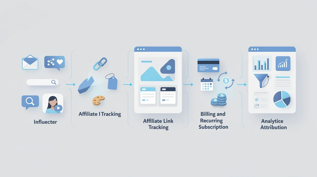 A step-by-step visual process guide demonstrating how cross-channel affiliate tracking for subscription services works