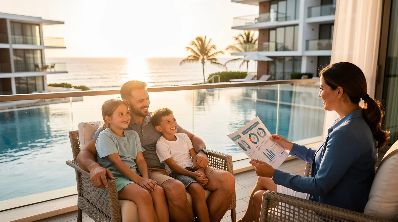 An illustrated diagram showing the key benefits of financing vacations through timeshare ownership strategies