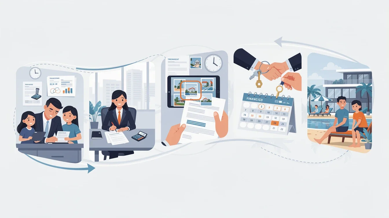 A step-by-step visual process guide demonstrating how financing vacations through timeshare ownership works