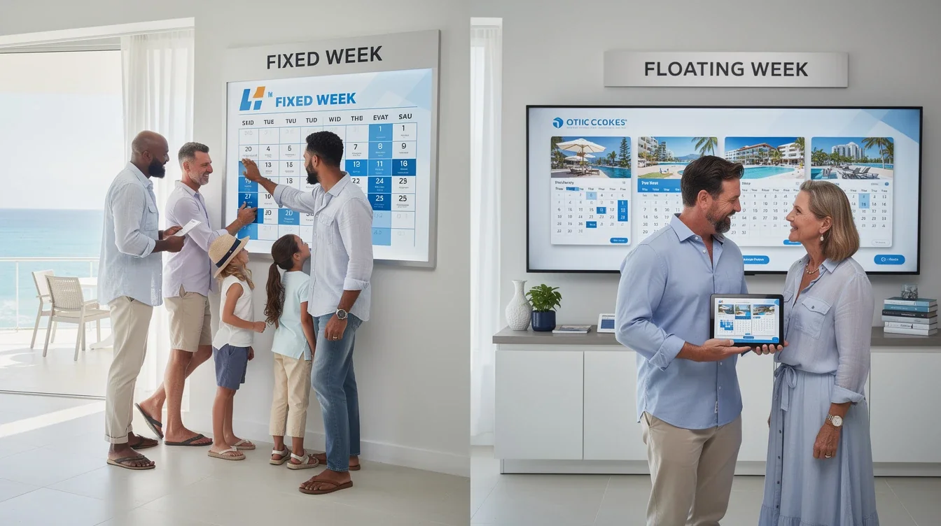 An illustrated diagram showing the key benefits of fixed versus floating week timeshare explained strategies