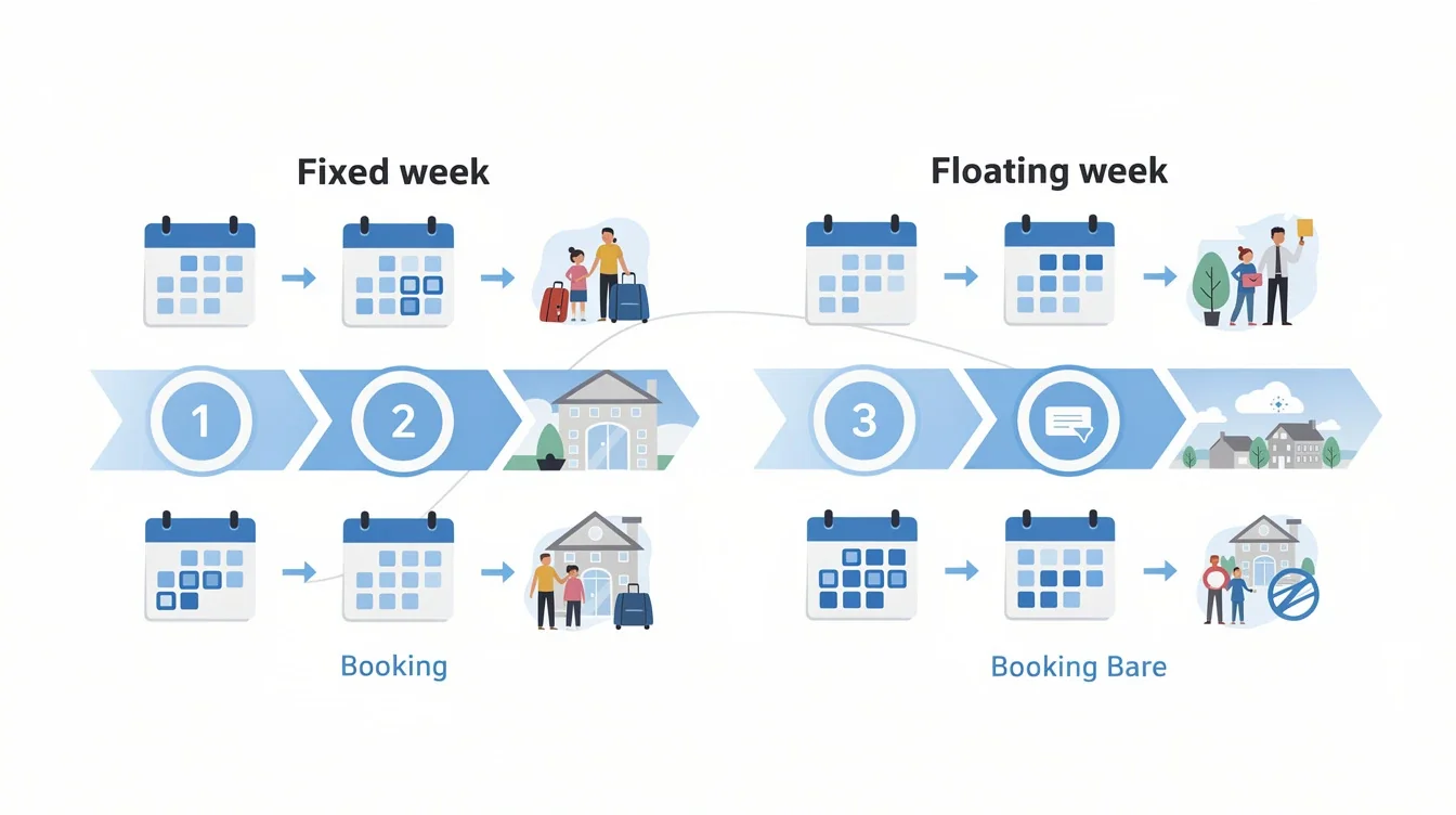 A step-by-step visual process guide demonstrating how fixed versus floating week timeshare explained works
