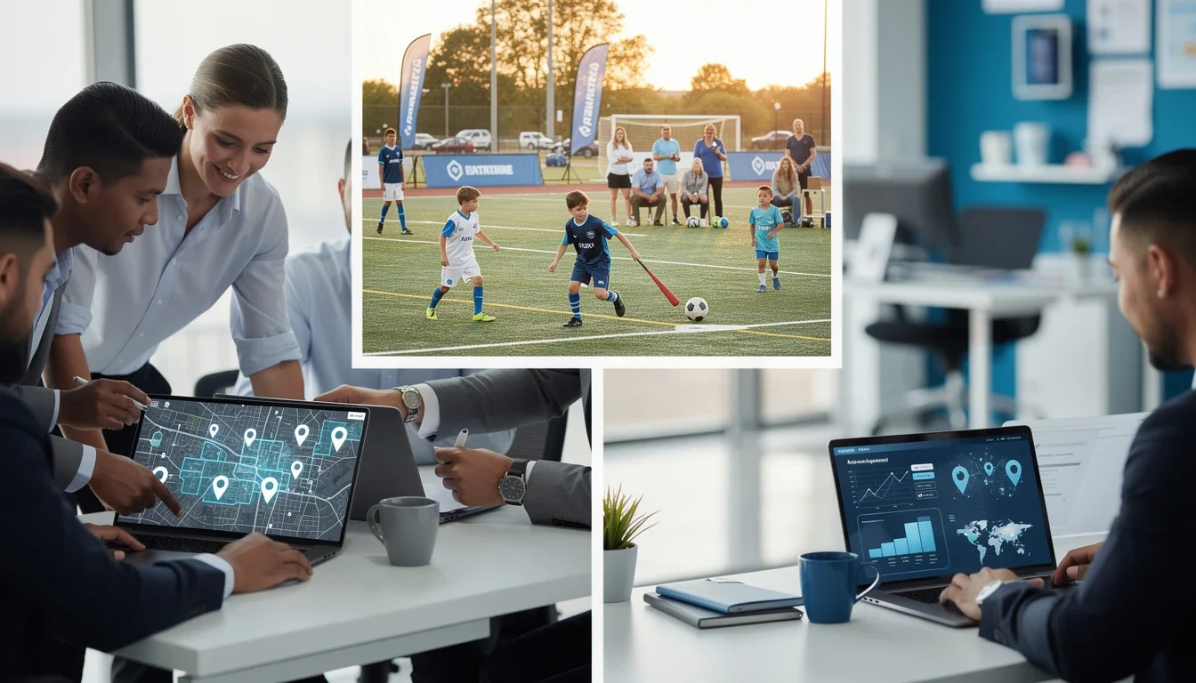 A step-by-step visual process guide demonstrating how geo-targeted partner campaigns for youth sports works