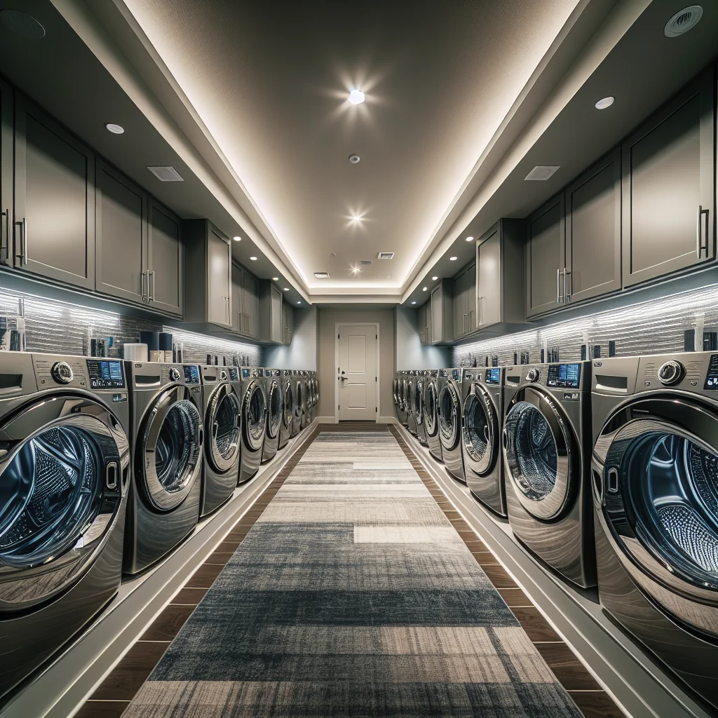 A professional team working on affordable washer and dryer solutions in a modern office environment with natural lighting