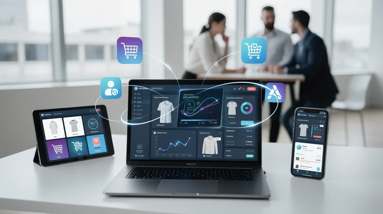 A professional team working on api integration for ecommerce affiliate programs solutions in a modern office environment