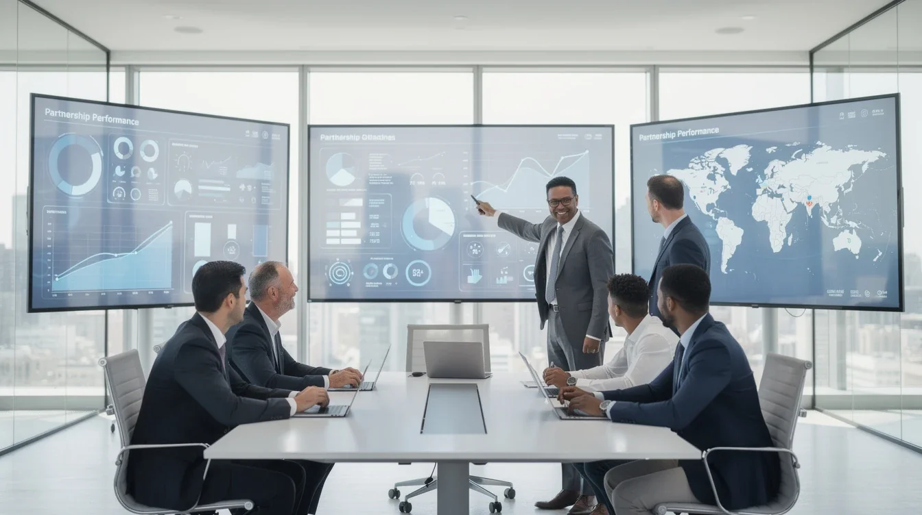 A professional team working on benefits of real-time partnership dashboards solutions in a modern office environment