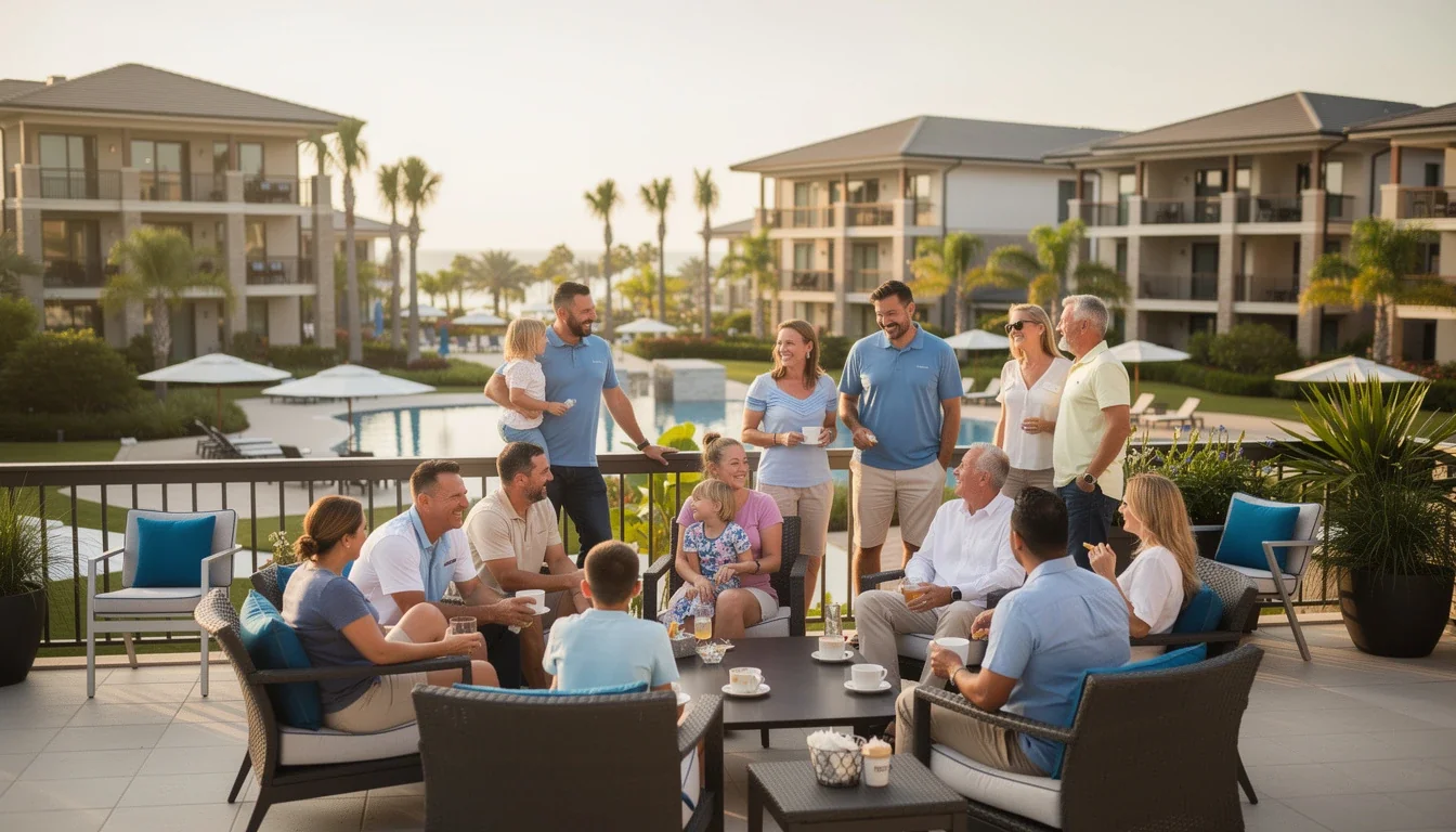 A professional team working on benefits of timeshare community involvement solutions in a modern office environment