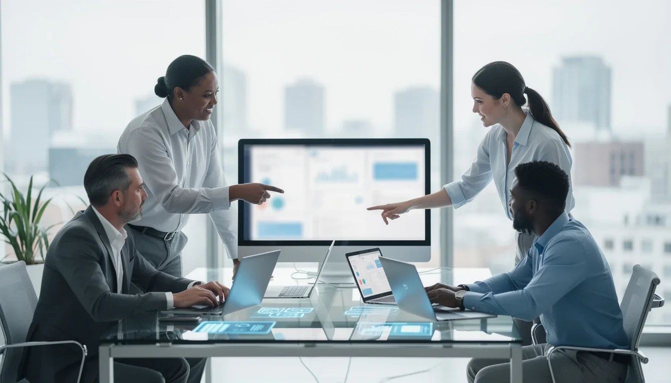 A professional team working on choosing affiliate program management software solutions in a modern office environment