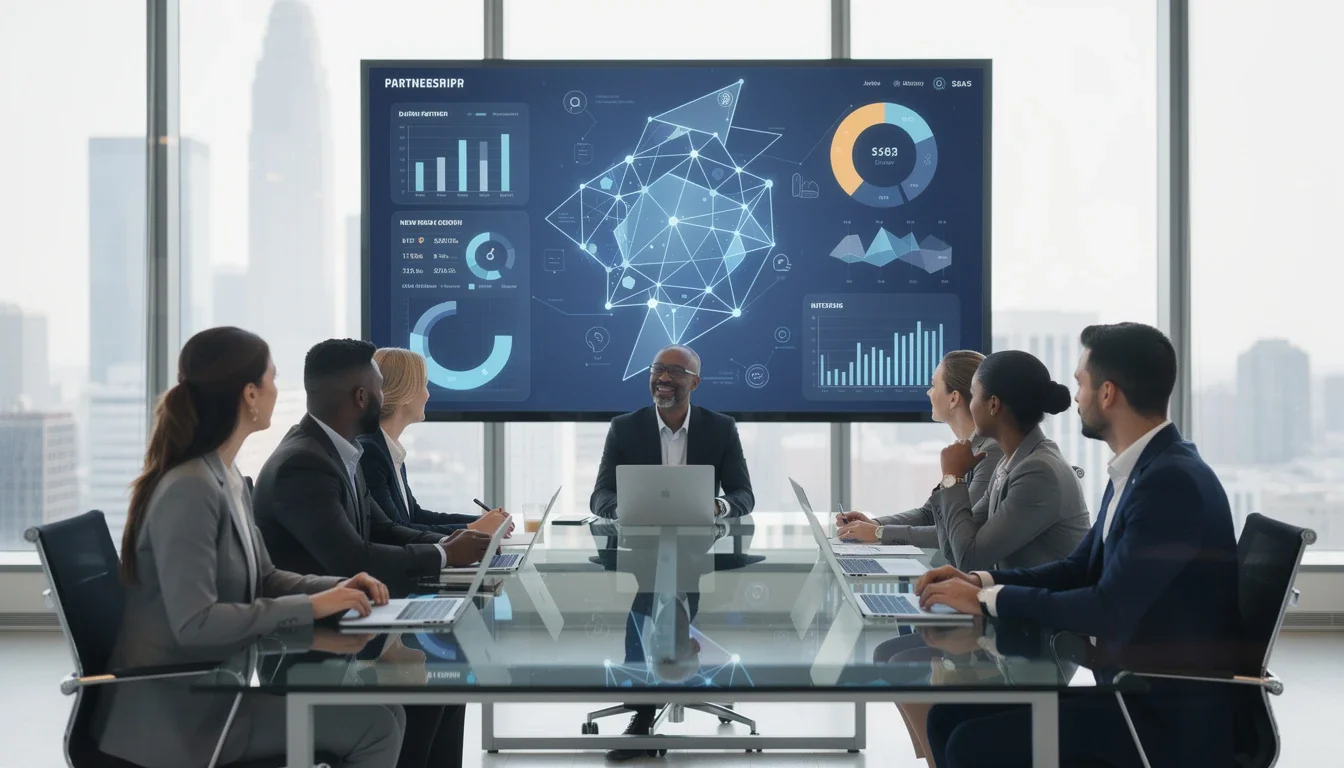 A professional team working on data-driven partnership insights for saas growth solutions in a modern office environment