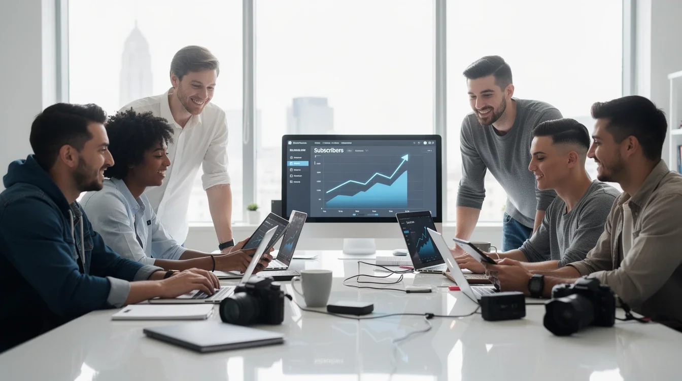 A professional team working on micro-creator partnership subscription growth solutions in a modern office environment
