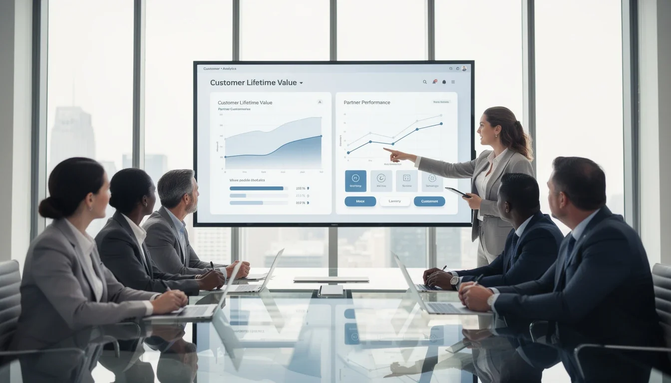 A professional team working on partnership analytics predicting customer lifetime value solutions in a modern office environment