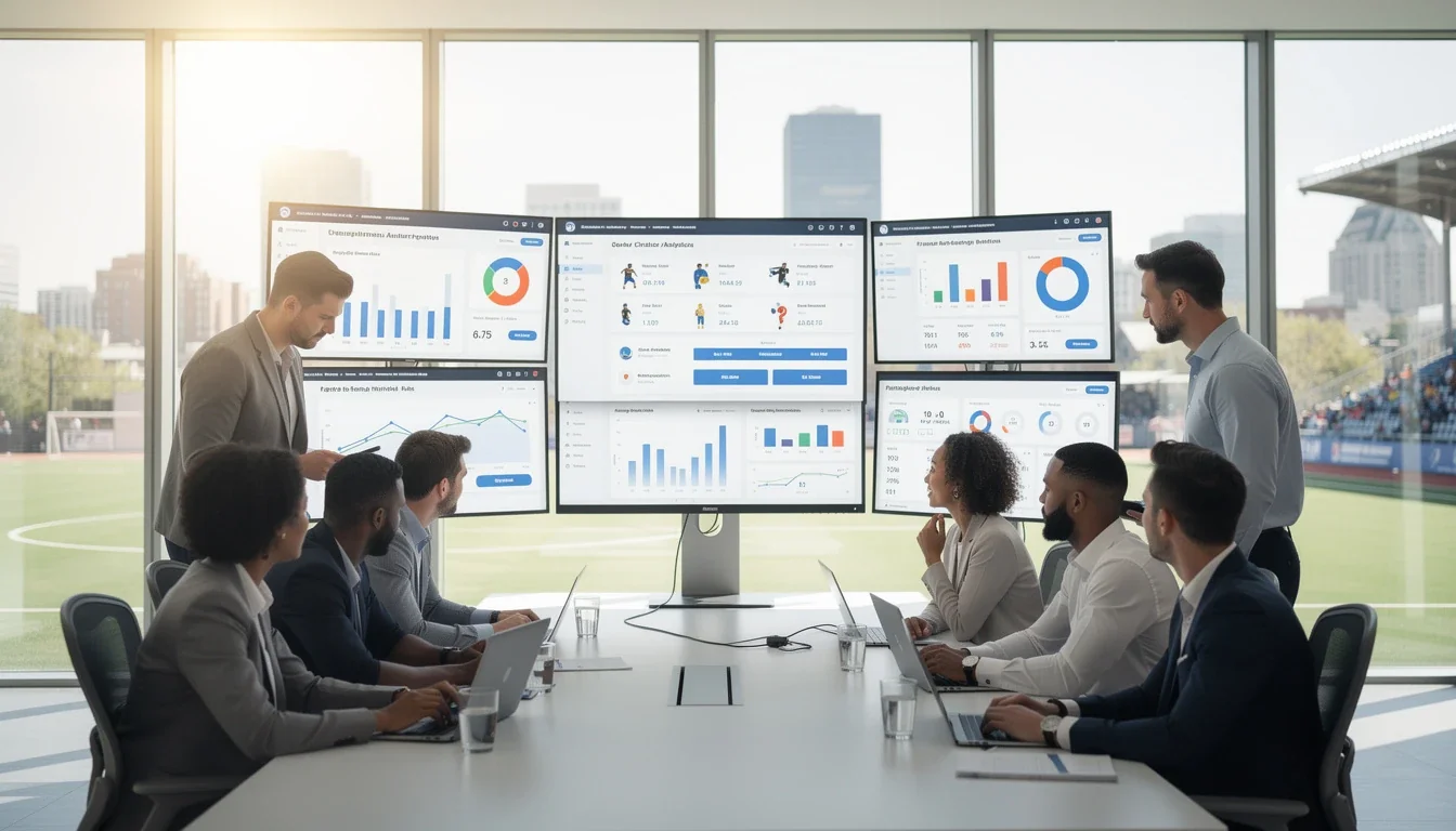 A professional team working on partnership dashboard for youth sports apps solutions in a modern office environment