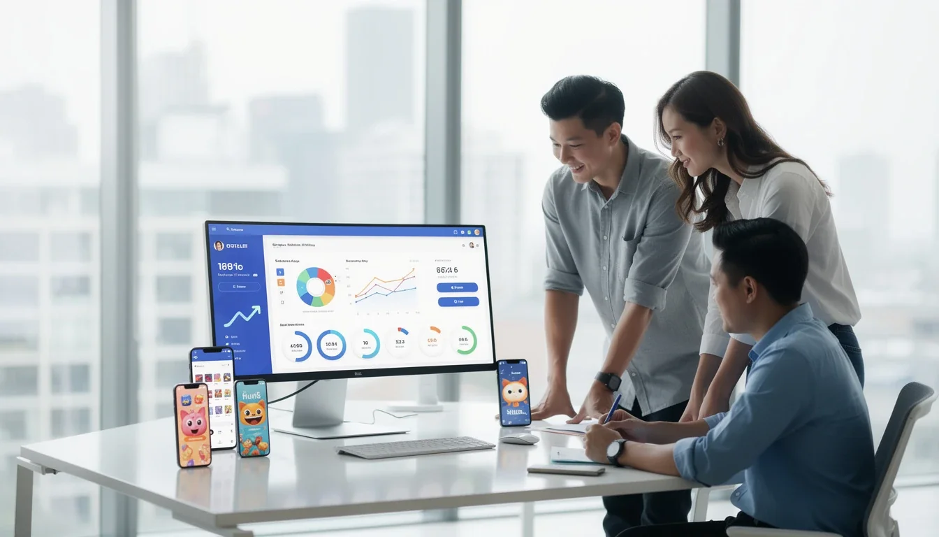 A professional team working on real-time affiliate reporting for youth apps solutions in a modern office environment