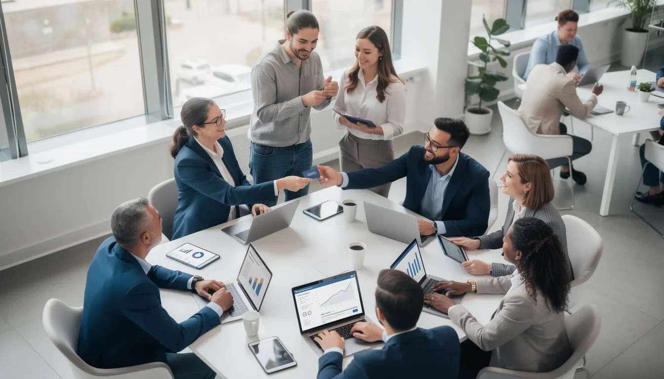 A professional team working on referral marketing strategies for small businesses 2026 solutions in a modern office environment