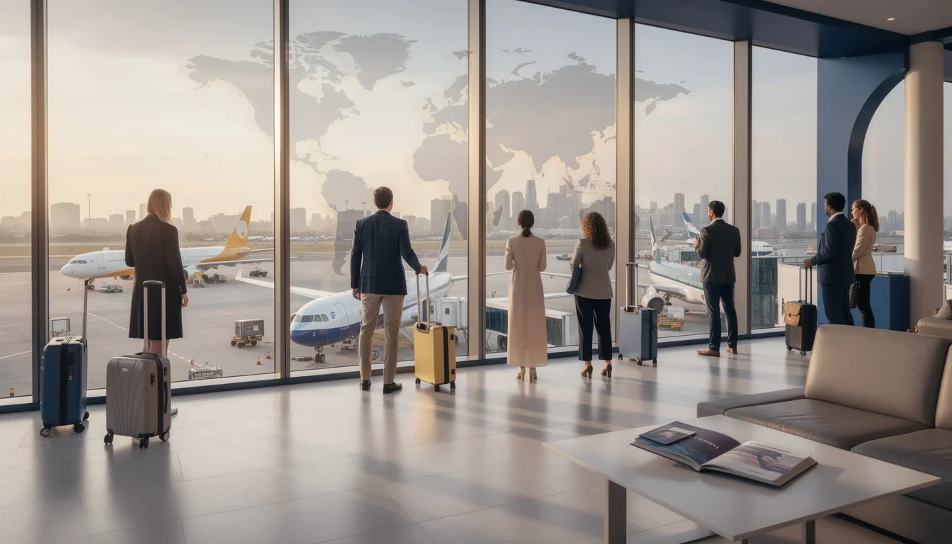 A professional team working on using timeshare points for international travel solutions in a modern office environment