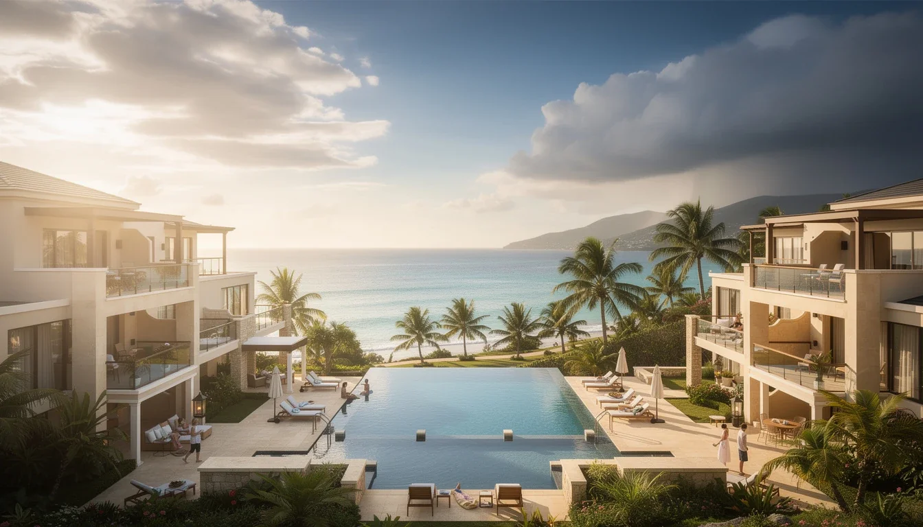 A professional team working on weather considerations for timeshare destinations 2026 solutions in a modern office environment