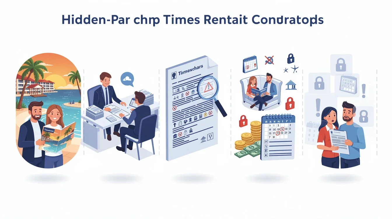 A step-by-step visual process guide demonstrating how hidden restrictions in timeshare rental contracts works