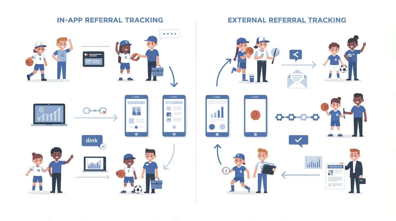 A step-by-step visual process guide demonstrating how in-app vs external referral tracking youth sports works