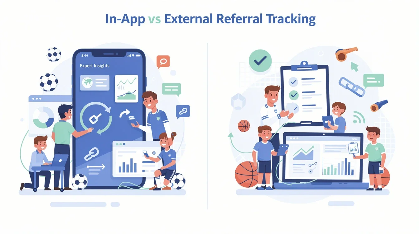 A summary infographic highlighting best practices for in-app vs external referral tracking youth sports