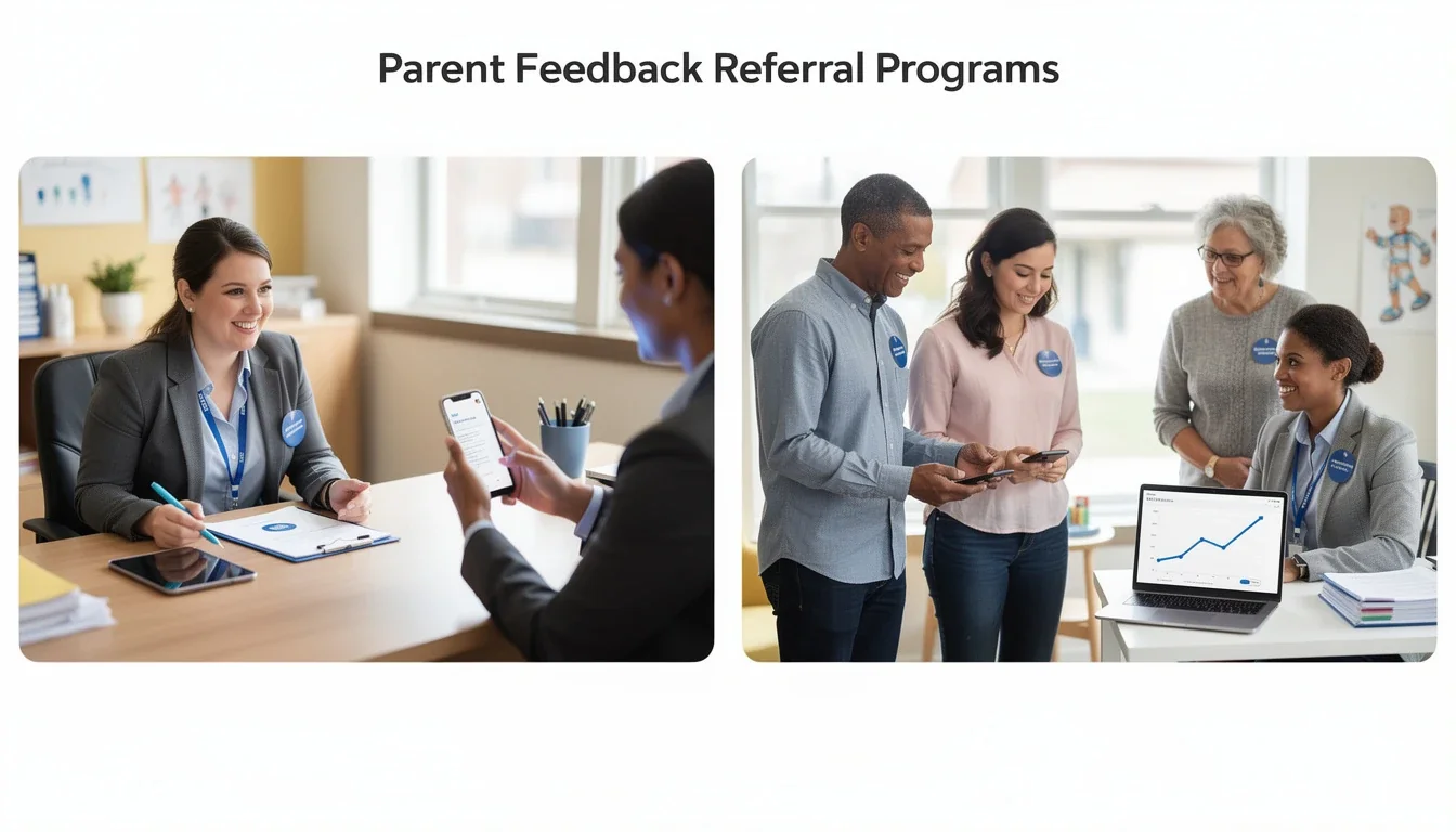 A step-by-step visual process guide demonstrating how leveraging parent feedback referral programs works