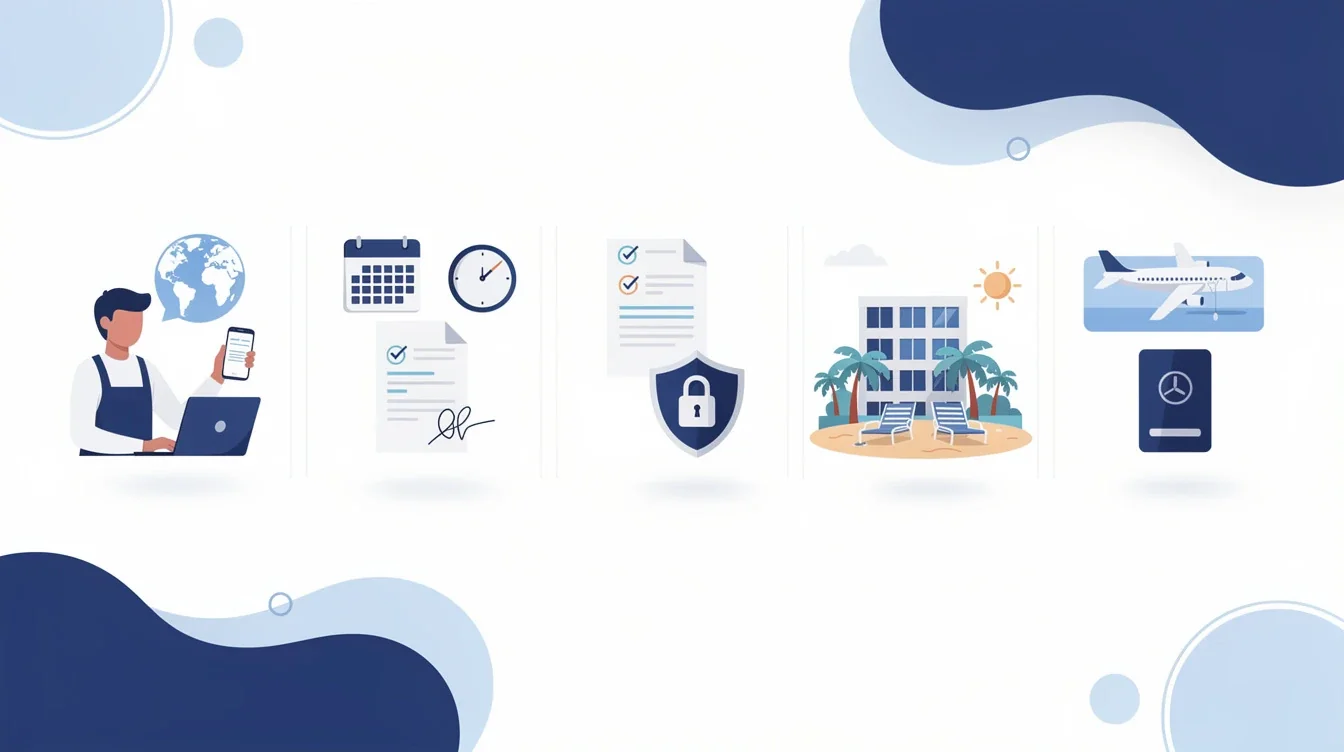 A step-by-step visual process guide demonstrating how managing timeshare ownership from abroad works