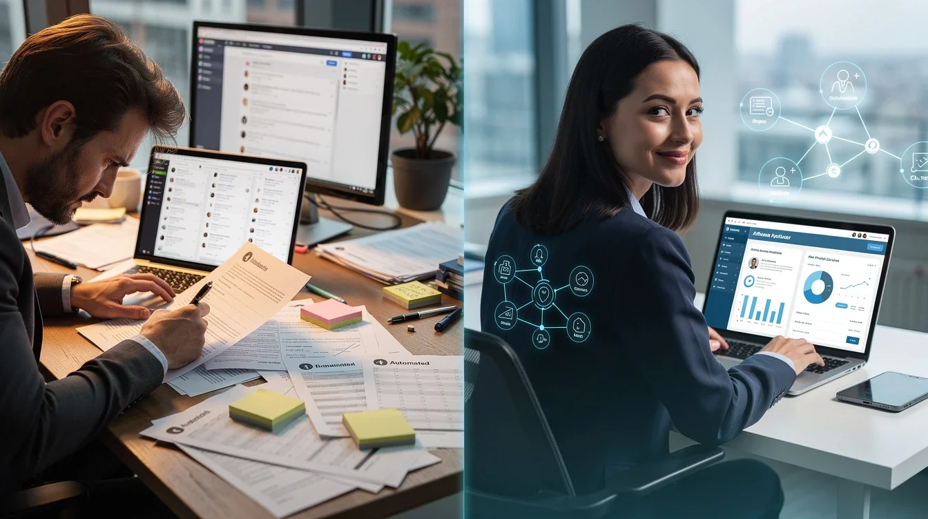 An illustrated diagram showing the key benefits of manual vs automated affiliate recruitment strategies