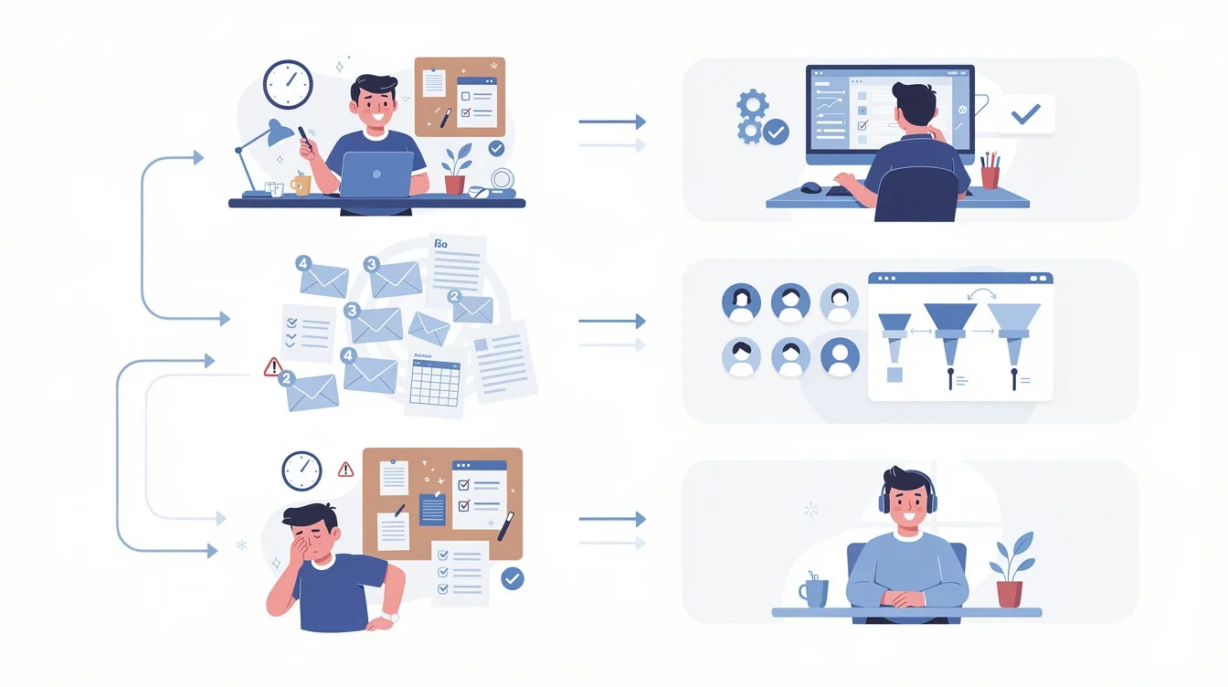 A step-by-step visual process guide demonstrating how manual vs automated affiliate recruitment works