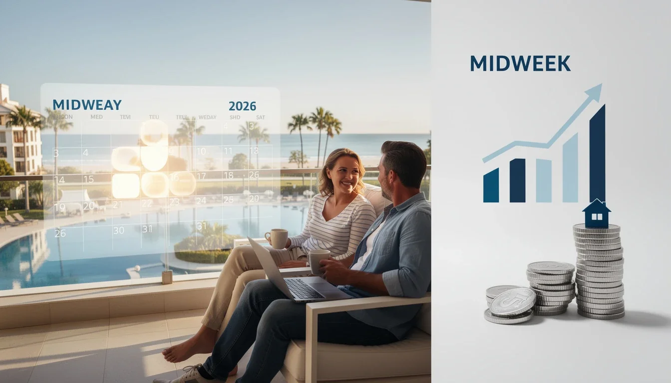 An illustrated diagram showing the key benefits of midweek timeshare rentals cost savings 2026 strategies