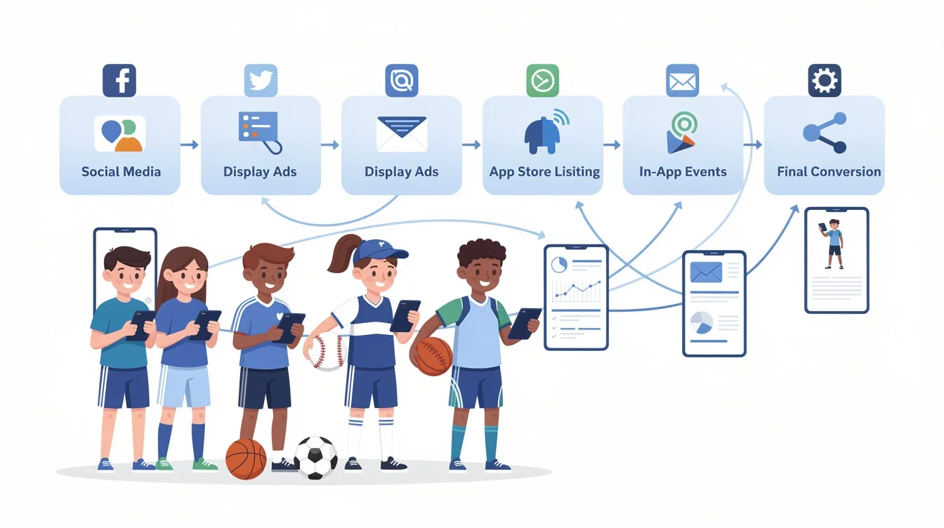 A step-by-step visual process guide demonstrating how multi-touch attribution for youth sports apps works