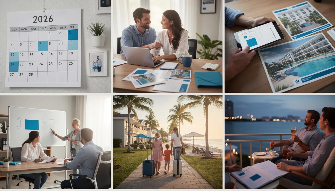 A step-by-step visual process guide demonstrating how off-season timeshare vacation strategies 2026 works