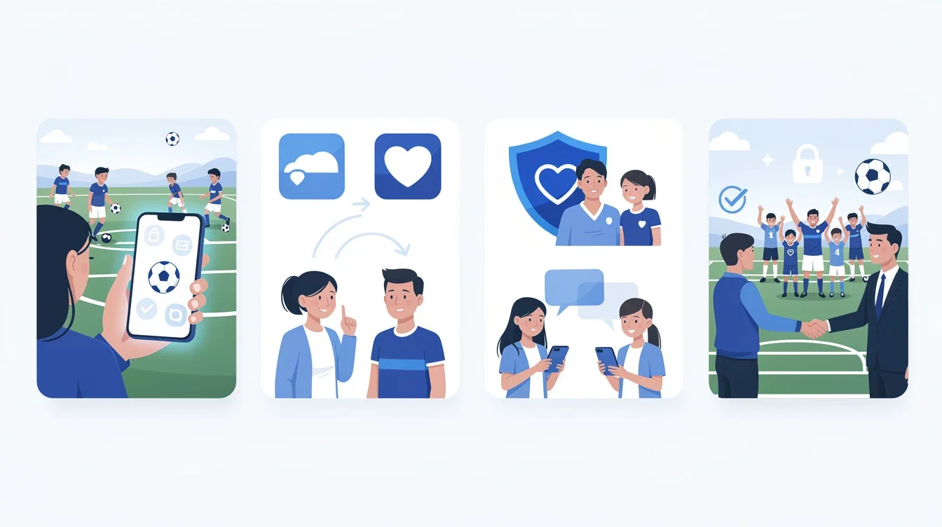 A step-by-step visual process guide demonstrating how parent preferences in soccer app partnerships works