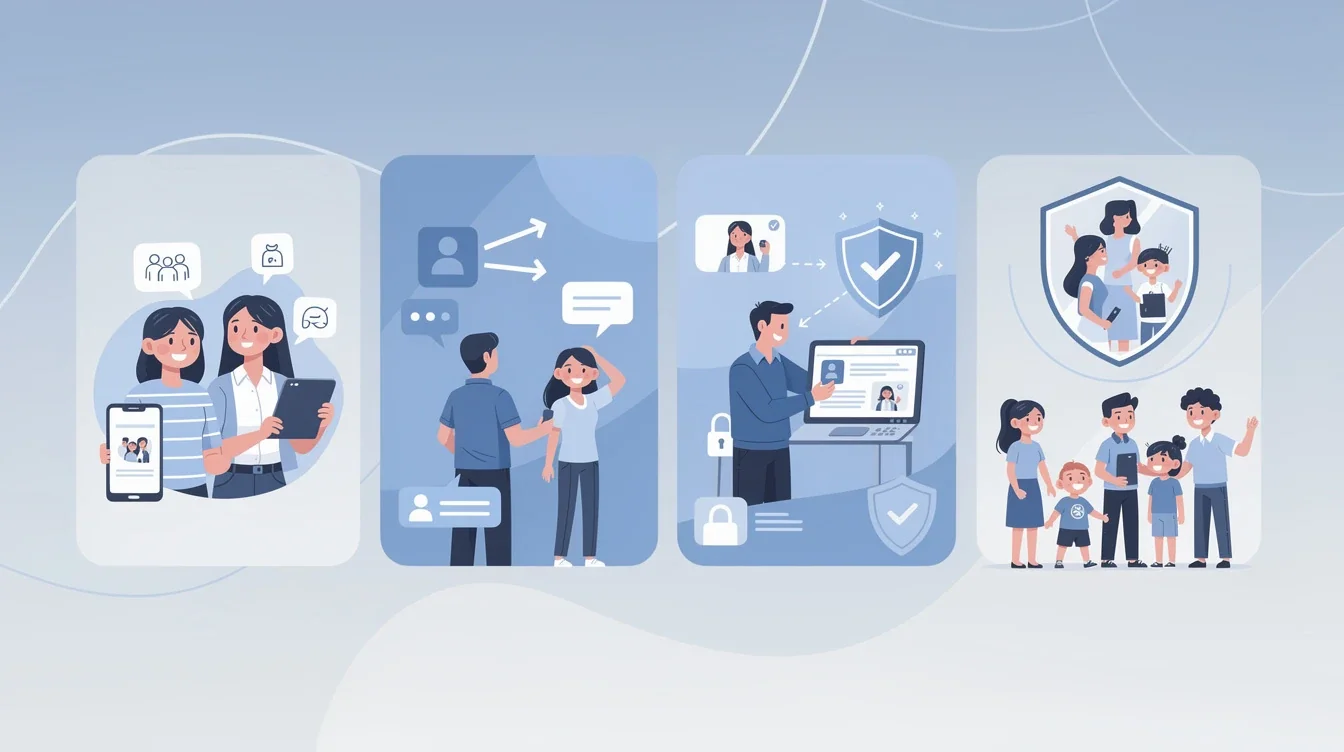 A step-by-step visual process guide demonstrating how parent referral programs with safety messaging works