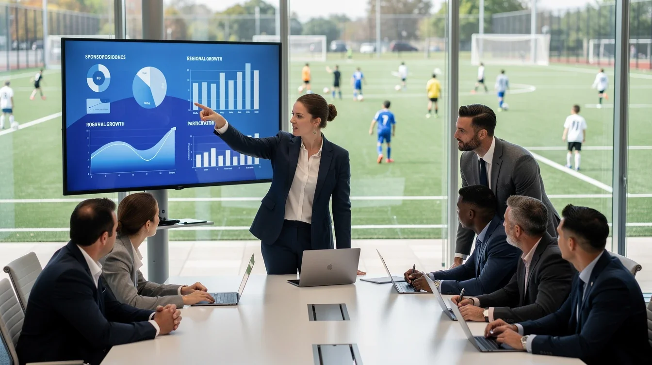 An illustrated diagram showing the key benefits of partnership analytics for youth soccer expansion strategies