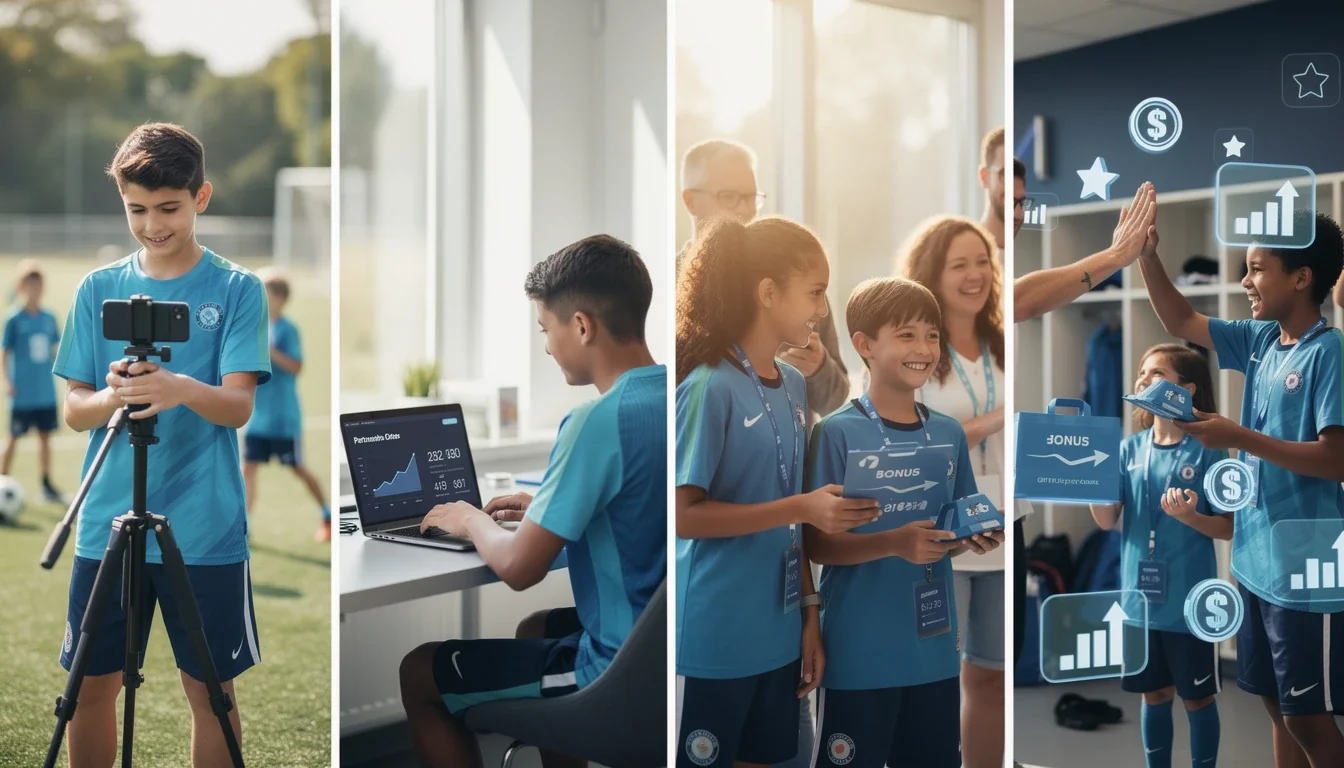 A step-by-step visual process guide demonstrating how partnership bonuses for youth sports influencers works