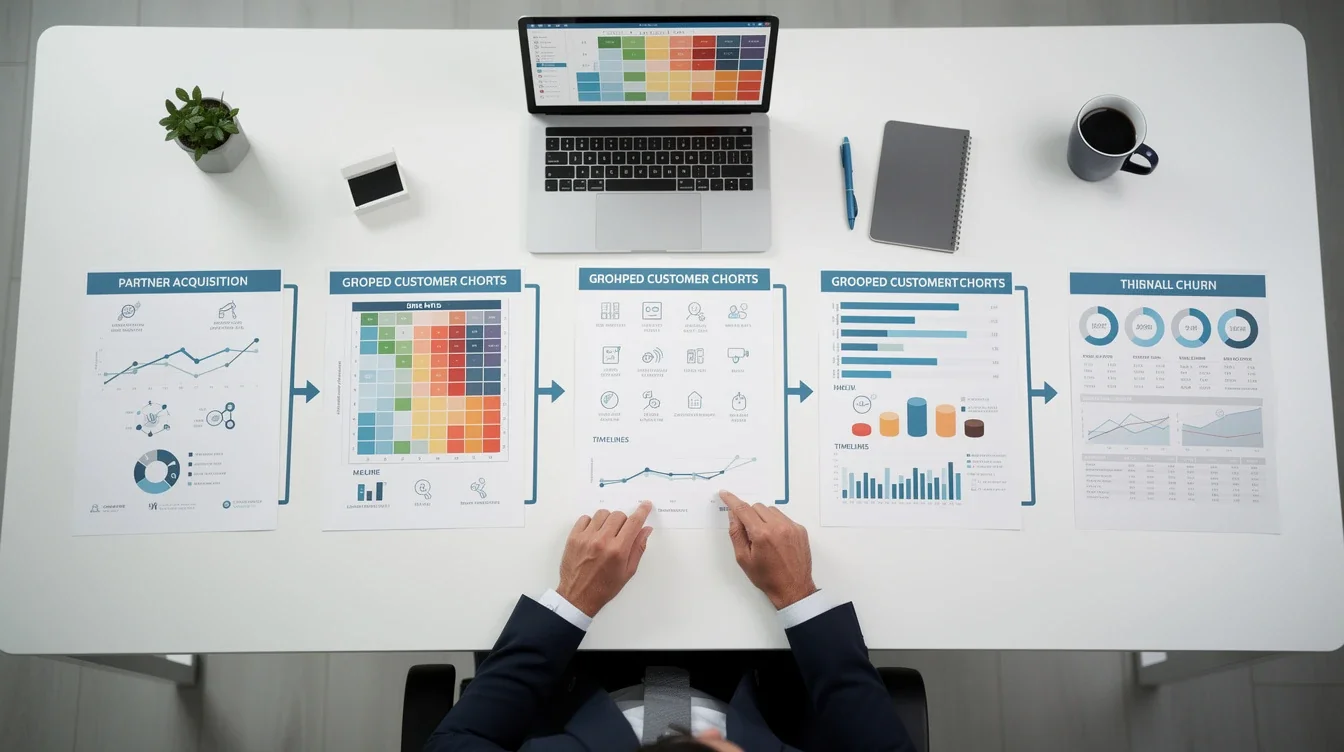 A step-by-step visual process guide demonstrating how partnership cohort analysis for subscription churn works