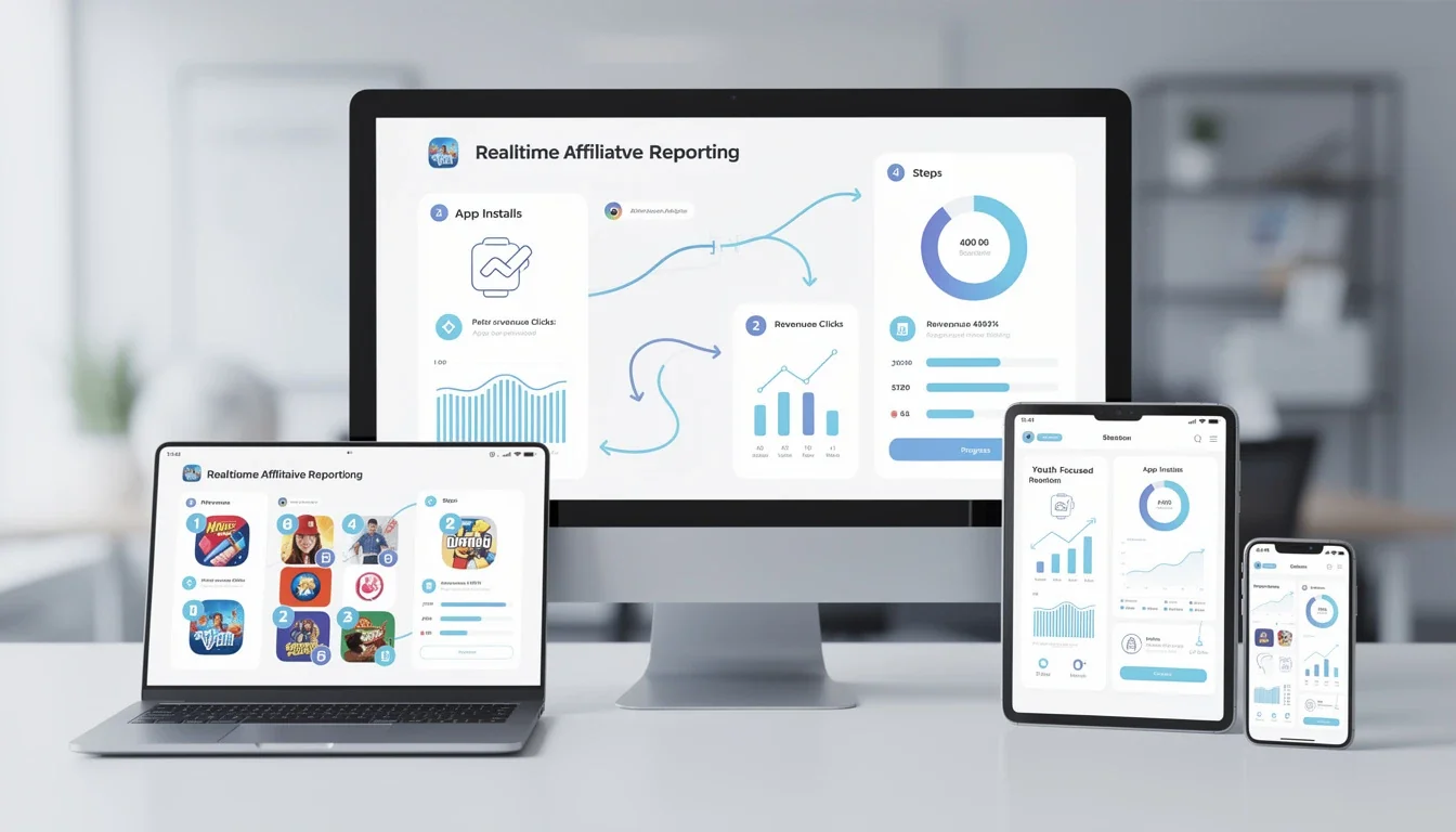 A step-by-step visual process guide demonstrating how real-time affiliate reporting for youth apps works