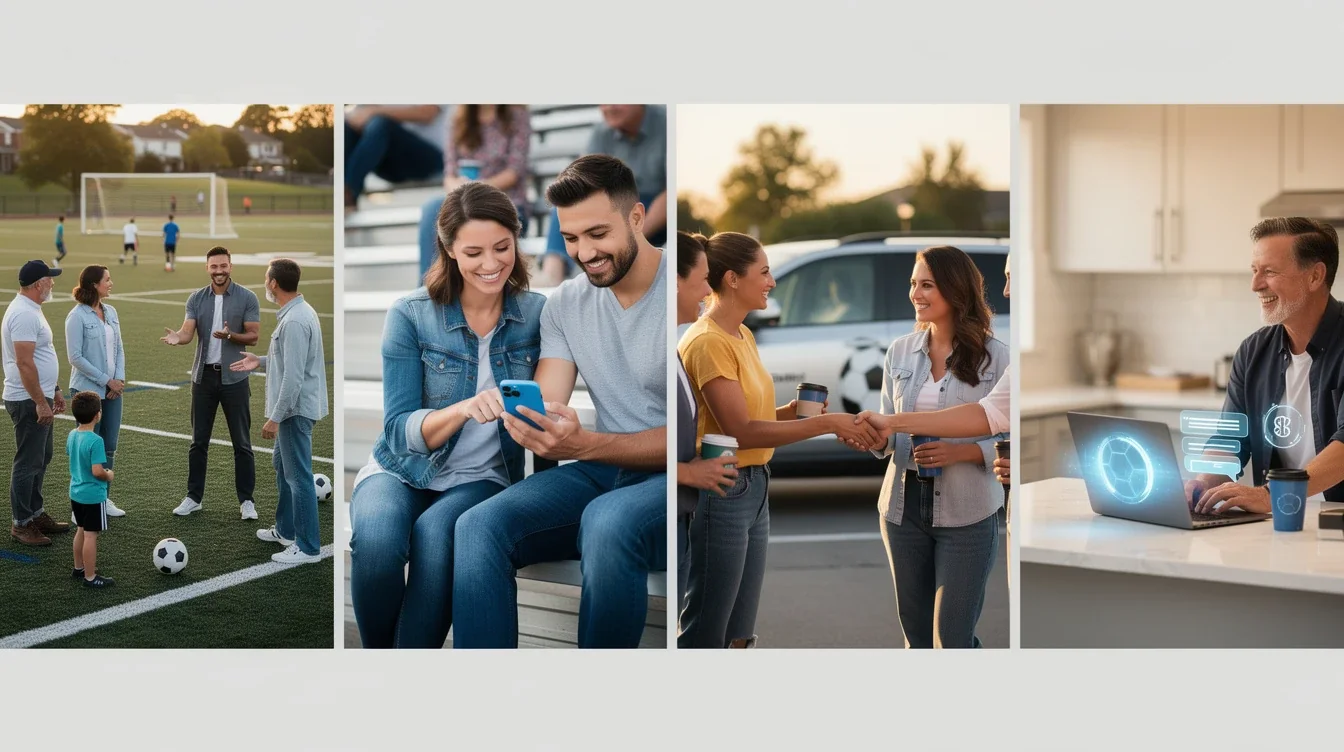 A step-by-step visual process guide demonstrating how referral marketing through soccer parent networks works