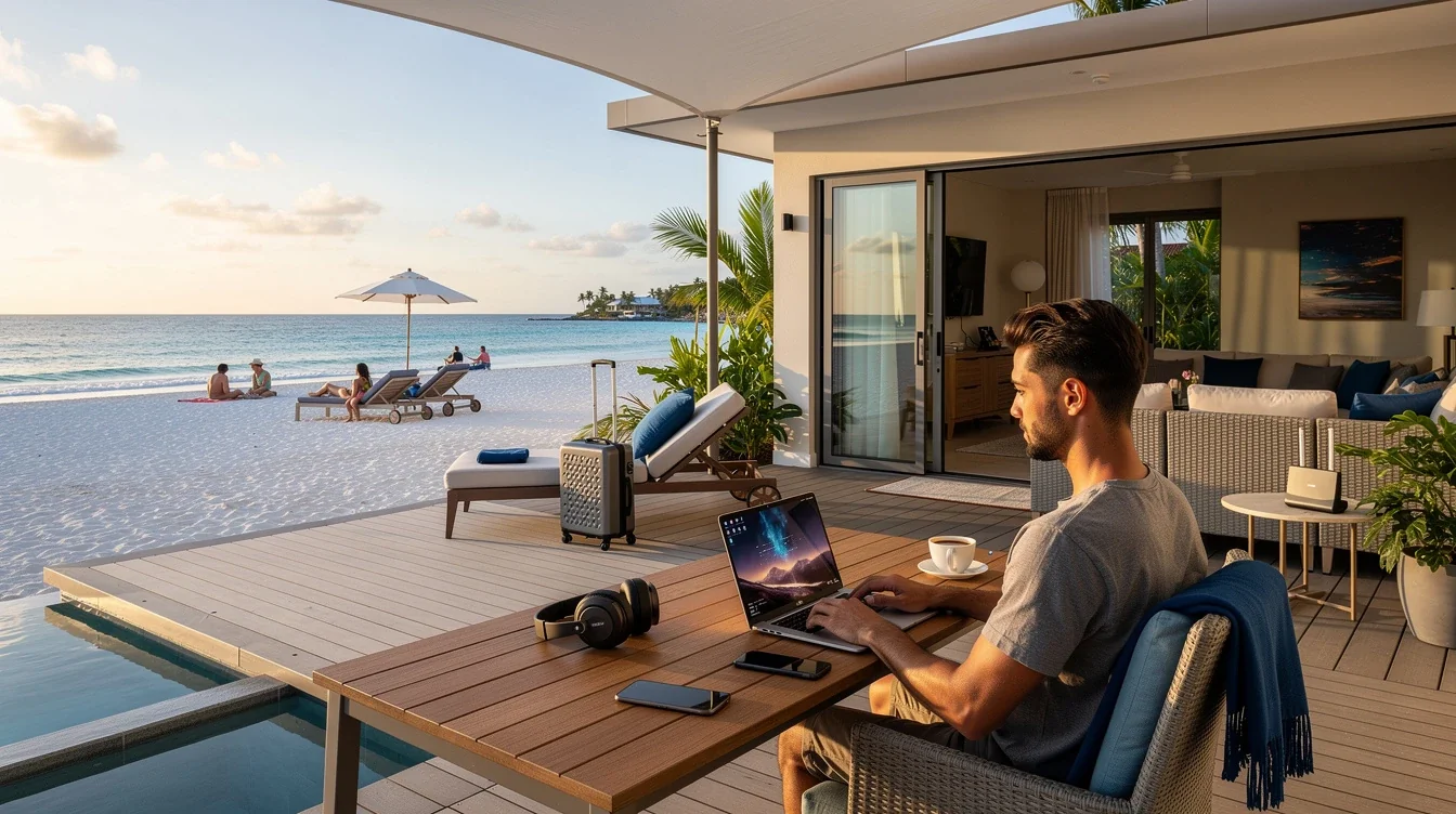 An illustrated diagram showing the key benefits of remote beach timeshare workcation options strategies