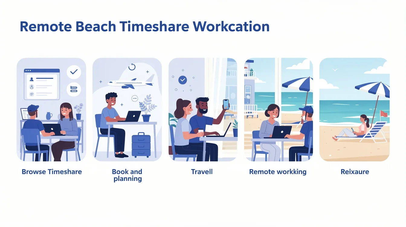 A step-by-step visual process guide demonstrating how remote beach timeshare workcation options works
