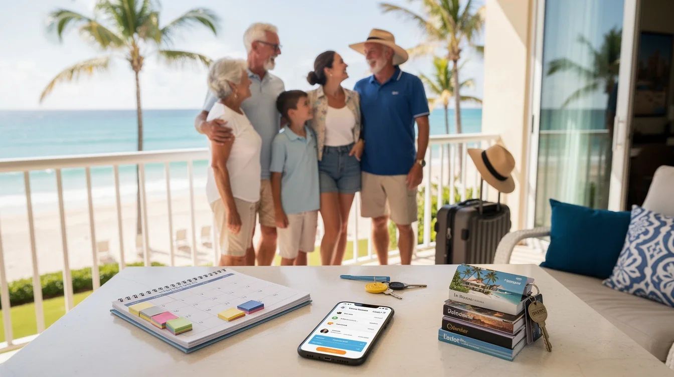An illustrated diagram showing the key benefits of saving summer vacations with timeshare week swapping strategies