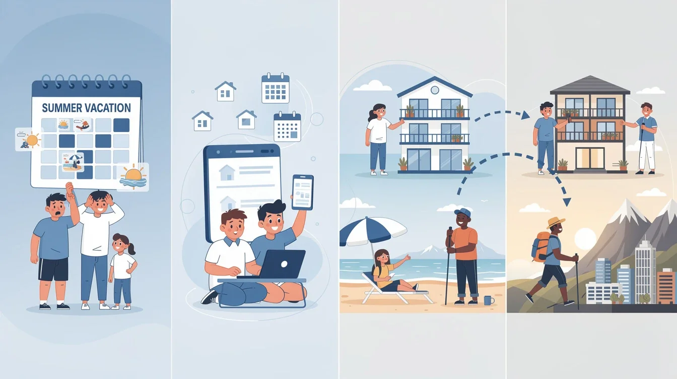 A step-by-step visual process guide demonstrating how saving summer vacations with timeshare week swapping works