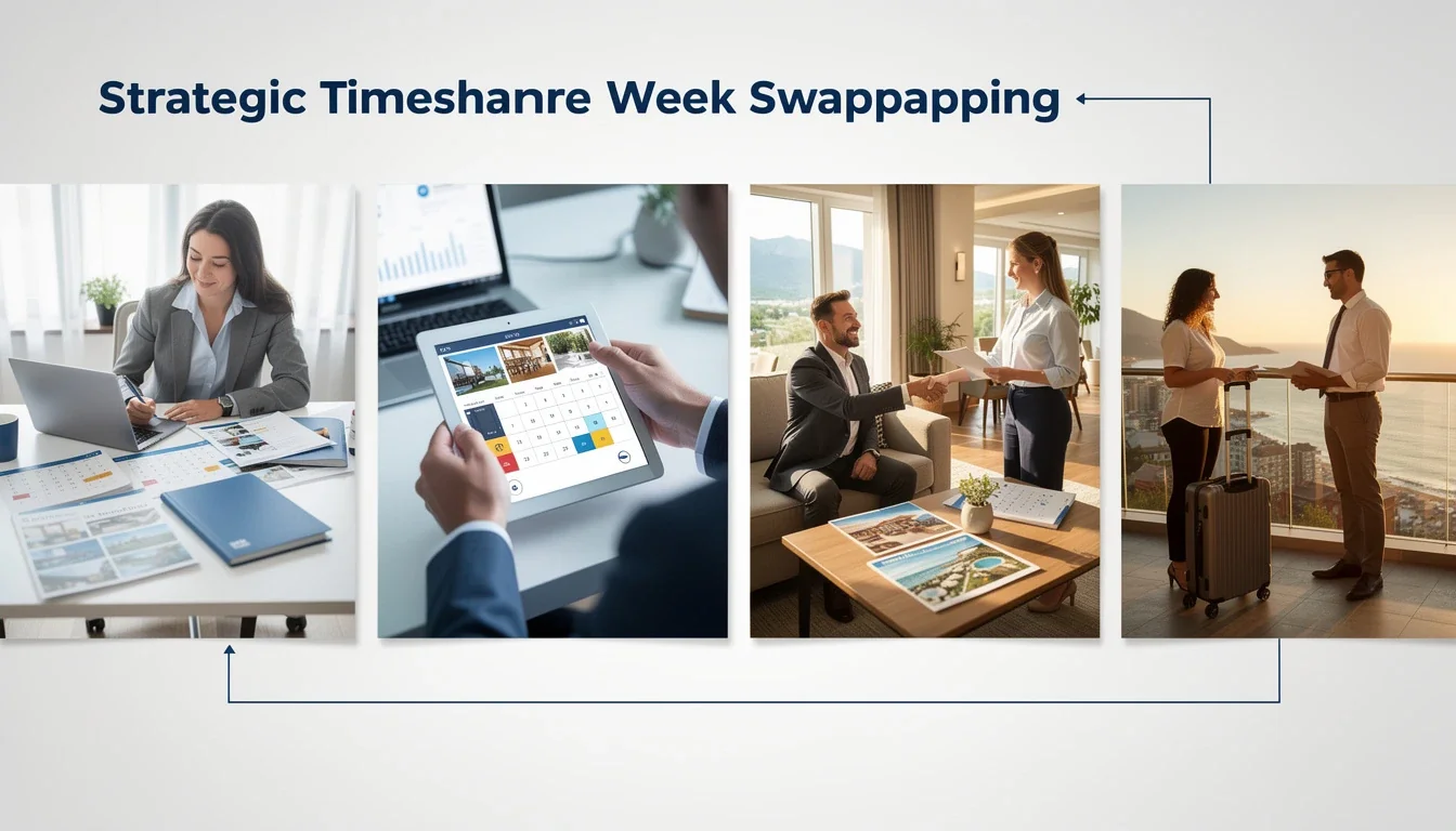 A step-by-step visual process guide demonstrating how strategic timeshare week swapping case study works