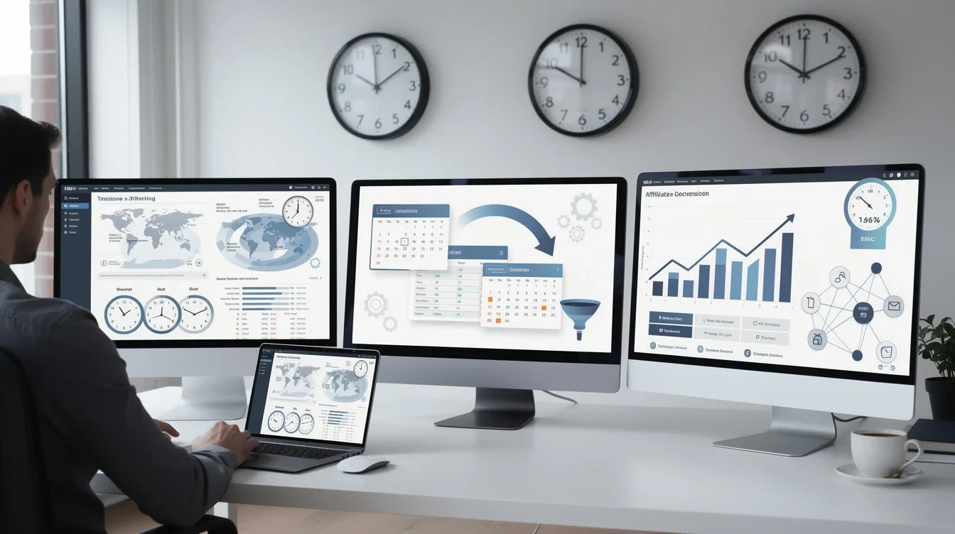 A step-by-step visual process guide demonstrating how time-zone optimized affiliate campaign management works