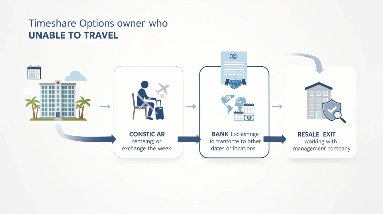 A step-by-step visual process guide demonstrating how timeshare options for owners unable to travel works