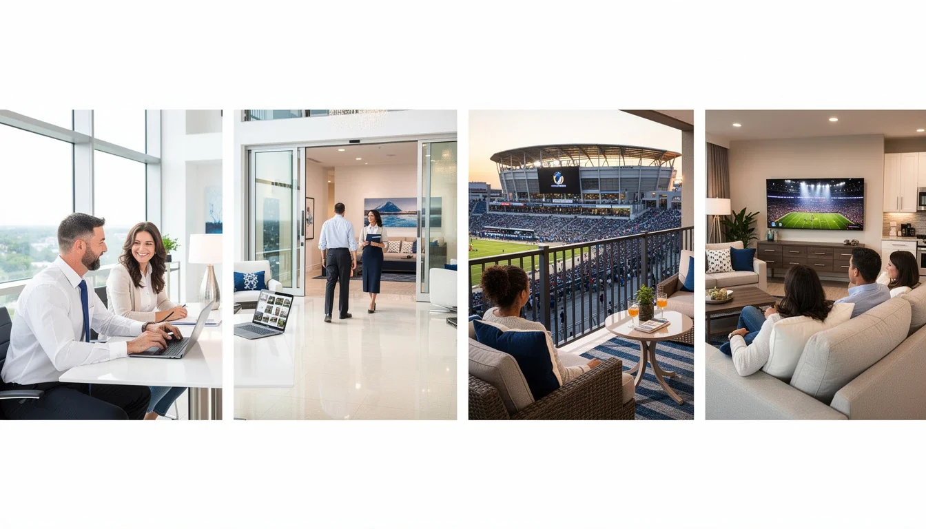 A step-by-step visual process guide demonstrating how timeshare ownership near major event destinations works